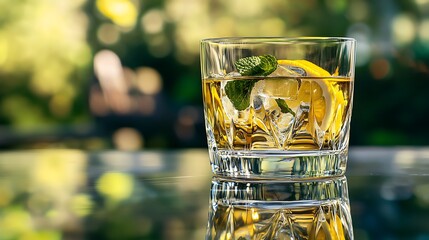 A refreshing glass of whiskey with ice, garnished with slices of lemon and mint leaves, set against a blurred outdoor background with soft bokeh effect creating a relaxed atmosphere