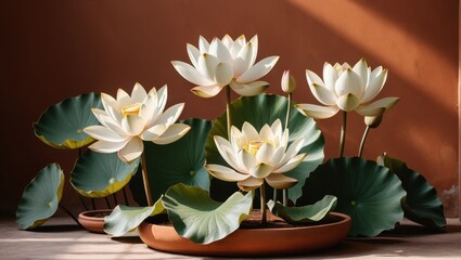 White lotus flowers in terracotta pot