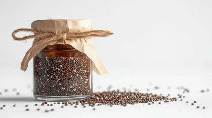 A small glass jar filled with chia seeds, with some scattered around on a white background