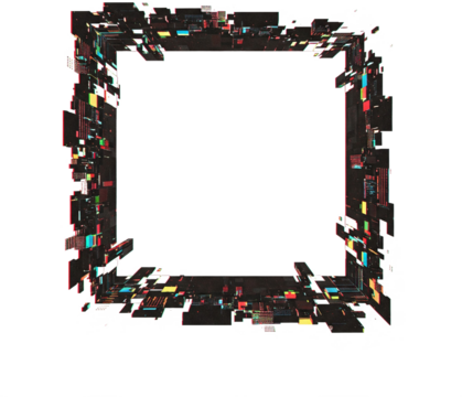 Abstract square frame, glitch effect, vibrant colors, isolated on a transparent background, png image, ideal for design projects, showcasing free space for text or logo