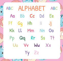 Alphabet uppercase and lowercase letters. Exercise for children to recognize the alphabet. Educational sheet for preschool. English typography abc colorful letters