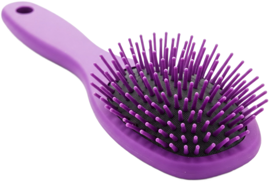 Purple hairbrush, isolated on a transparent background, showcasing its smooth texture and ergonomic design, png image, ideal for beauty or hair care product mockups