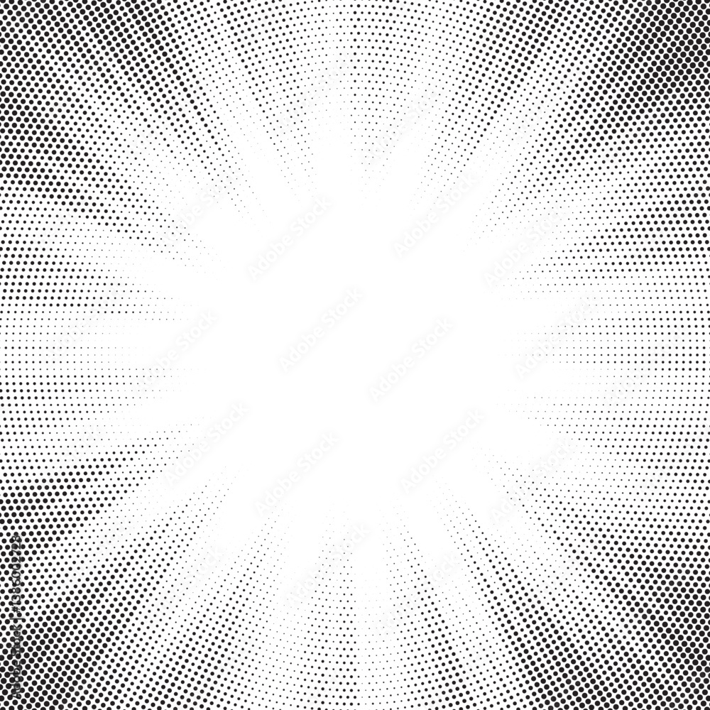 Poster Halftone gradient sun rays pattern. Abstract halftone vector dots background. monochrome dots pattern. Vector background in comic book style with sunburst rays and halftone. Retro pop art design.