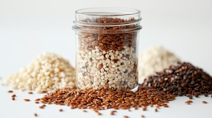 A glass container filled with dried flaxseeds, with some seeds spilling out onto a white surface