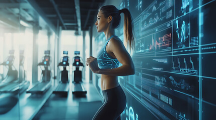 An AI powered system optimizing personalized fitness plans by analyzing real time physical performance data and health goals, futuristic AI-driven fitness coaching platform, Health technology style