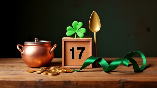 A wooden block with the number 17 on it next to a pot of gold coins.