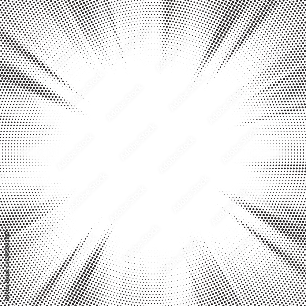 Poster Halftone gradient sun rays pattern. abstract halftone vector dots background. monochrome dots pattern. pop art, comic small dots. star rays halftone poster. shine, explosion. sunrise rays background.