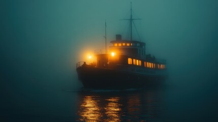 Fototapeta premium Mysterious ship emerges from foggy waters at night with glowing lights and eerie atmosphere