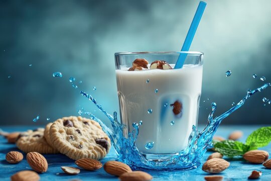 A glass of milk with a blue straw and cookie on a blue surface with almonds and a splash of milk around it