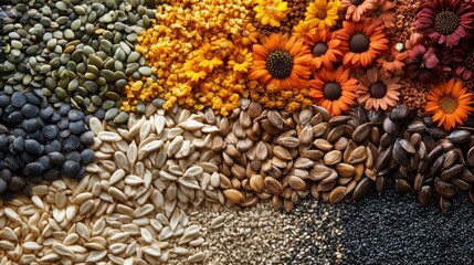 Obraz premium A close-up of a variety of seeds including pumpkin, sunflower, and sesame seeds arranged neatly on a white surface