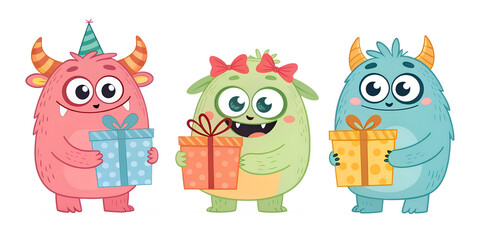 Various cute monsters with gifts isolated on transparent background
