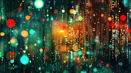 Abstract digital rain, vibrant lights, dark background, futuristic design, website banner