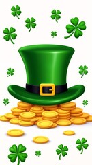 A green hat with a gold buckle on top of a pile of gold coins.