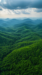 Obraz premium Tranquil Aerial View of Vibrant Mountain Ranges and Forest Scenery: Perfect Eco-Tourism Hiking Vista in Spring Summer Nature Landscape Photography