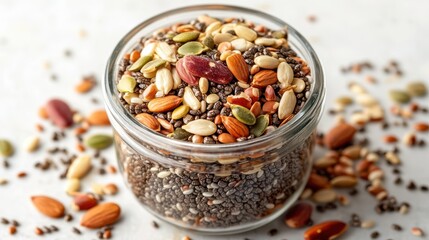 A glass jar filled with mixed seeds including chia, hemp, and flax, with a few seeds scattered on a white surface