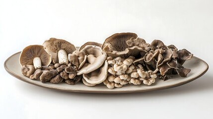 Obraz premium Various types of gourmet mushrooms arranged elegantly on a white platter showcasing their unique textures and earthy colors