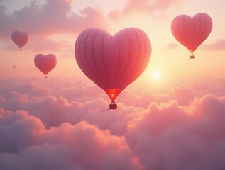 Obraz premium A dreamy scene of heart-shaped hot air balloons floating amidst pink clouds at sunset, evoking love, romance