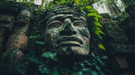 Fototapeta premium Ancient stone sculpture covered in lush green vines found in a hidden forest location