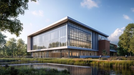 Fototapeta premium Modern Architectural Design: A Stunning Glass Facade Building by the Lake