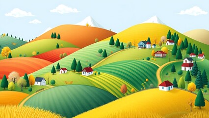 Fototapeta premium Colorful Seasonal Landscape with Houses and Fields