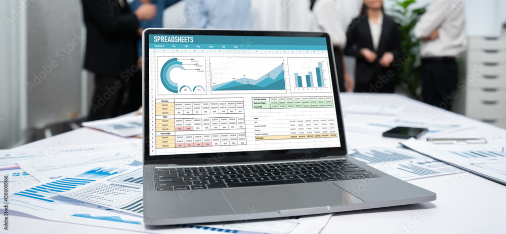 Poster spreadsheet document information financial startup concept. data and graphs in spreadsheet documents