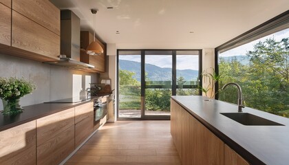 modern l shaped wooden kitchen with sunlit window and landscape view