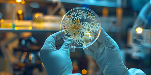 Scientist holding petri dish with colorful bacterial colonies in laboratory, biotechnology research in microbiology lab, medical innovation and scientific experiment concept