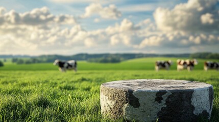 Dairy products on a vacant stone podium with cows grazing in the background under a cloudy sky