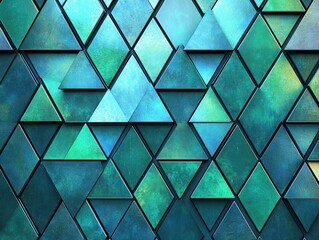 Abstract geometric triangle pattern with teal and green hues creating a modern textured background for creative designs and presentations