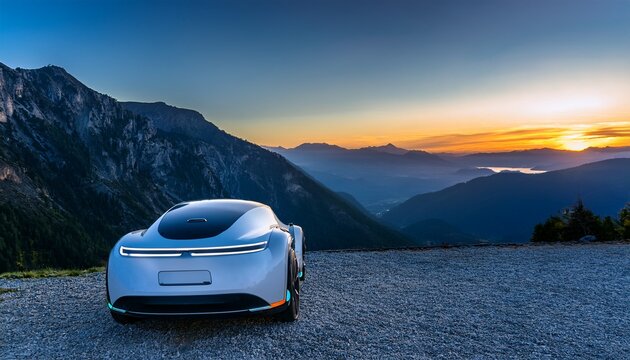 futuristic electric vehicle showcases innovative design against serene mountain backdrop at dusk