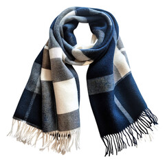 Woolen Scarf with Bold Plaid Pattern in Navy and White Isolated on Transparent Background