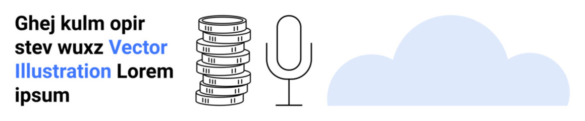 Stacked storage disks, a microphone, and a cloud representing data storage, audio communication, and cloud computing. Ideal for technology, cloud services, data management, audio platforms