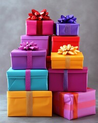 Obraz premium Stacked colorful gift boxes with bows for celebration and special occasions against a gray background festive arrangement