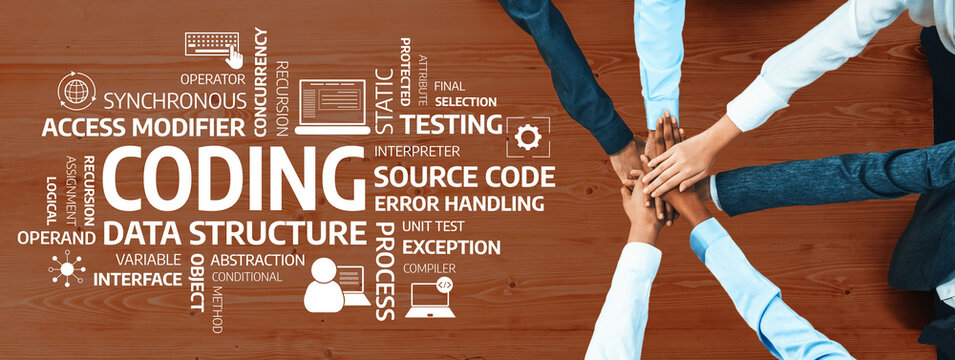 A creative representation of collaborative coding concepts with hands on a table showcasing key terms in software development, highlighting teamwork and innovation in programming. Amity