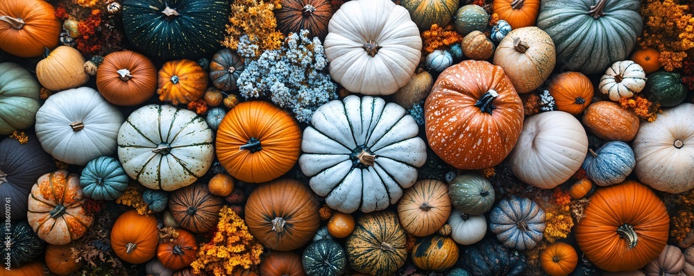 Poster array of colorful and varied pumpkins creates a vibrant and festive autumn backdrop