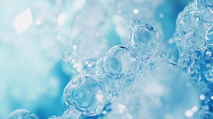 Glistening water bubbles in various sizes on a light blue backdrop, symbolizing purity and fluidity. Ideal for beauty, wellness, and aquatic - themed projects.