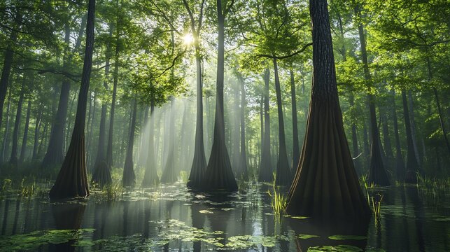 Sprawling ancient swamp forest during carboniferous period featuring towering scale tree surrounded dense mist intricate texture of bark foliage illuminated diffused light ray photo realistic ultra
