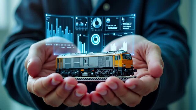 Yellow diesel locomotive held in hands with digital analytics dashboard hologram above. Business transportation logistics data interface with charts, graphs, and metrics. Futuristic railway