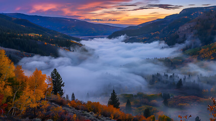 Fototapeta premium Breathtaking autumn mountain valley shrouded in morning mist with vibrant foliage and golden sunrise sky
