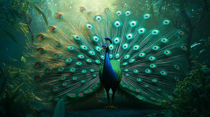 Obraz premium peacock in a forest opened its fathers 