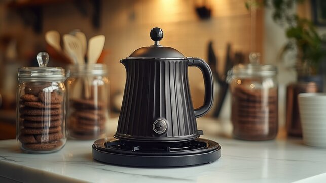 Modern black kettle on a marble countertop, surrounded by cookies and jars