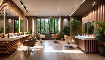 modern salon interior with plants and wooden accents showcasing stylish mirrors and comfortable seating for a tranquil experience