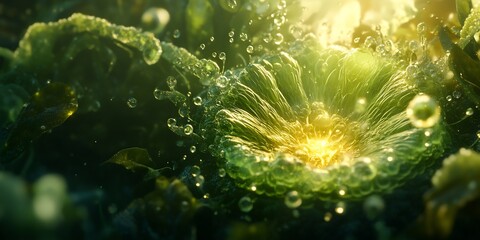 Fototapeta premium Surreal abstract rendering of plant central vacuole glowing liquid texture crystal clear boundary pristine water reflection suspended structured cell vivid lighting gradient hyper detailed cinematic