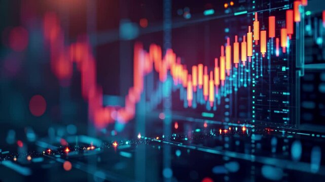 Financial market candlestick chart with orange and blue digital visualization. Trading graph display with data analytics pattern on dark background. Investment trend indicators and economic metrics