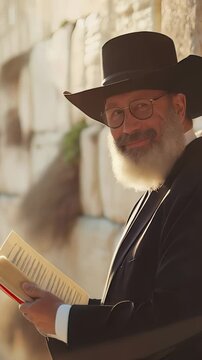 Orthodox Rabbi smiling while reading ancient Torah scroll at historic Western Wall, embodying deep spiritual connection within Jerusalem's Old City sacred religious landmark