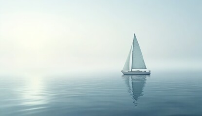 Fototapeta premium A serene white sailboat gliding on calm misty waters, soft diffused lighting, peaceful oceanic atmosphere
