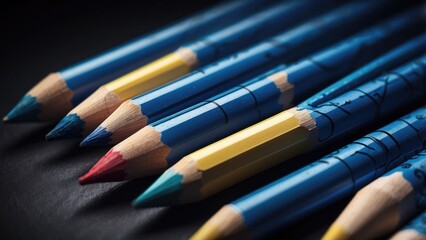 A close-up of several red and black pencils arranged in a diagonal line