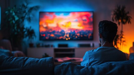 Relaxing Evening: Man Watching TV in a Cozy Living Room