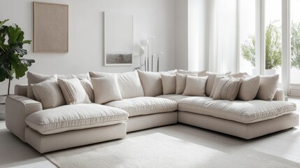 A modern, oversized sectional sofa with deep cushions and plush upholstery, set in a bright, spacious living room, on a white background
