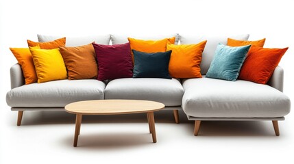 A Scandinavian-style sofa in light gray, accented with colorful throw pillows and a simple wooden coffee table, on a white background